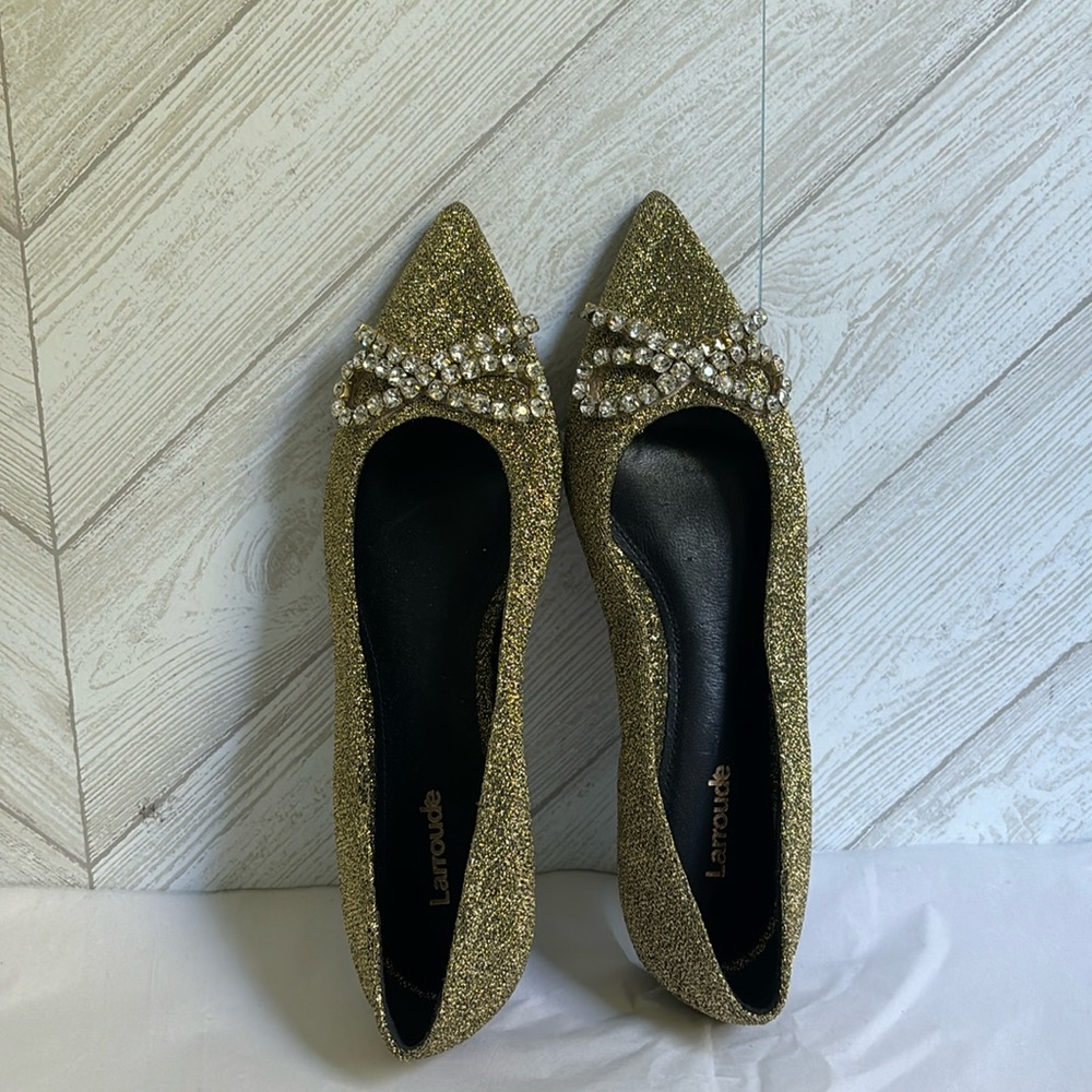Larroudé Lee Crystal-embellished Gold Flats Size 37